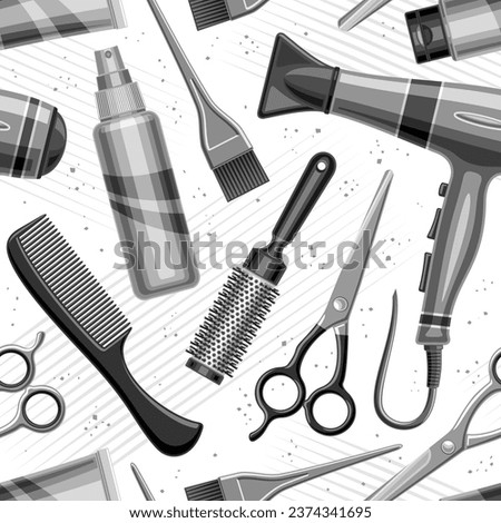Vector Hair Salon Seamless Pattern, repeat background with illustrations of hair stylist equipment for wallpaper, decorative square poster with flying flat lay female beauty tools for hair salon decor