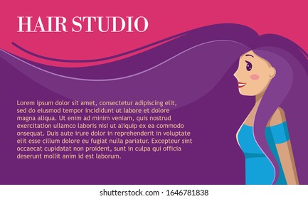 Vector hair studio card template for design. Girl in a flat style with long wavy hair. Beauty and fashion, body care and hairstyles concept. Long wavy hair is a box for your text vector illustration