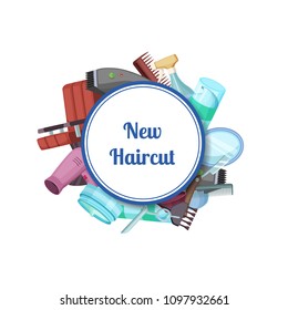 Vector hairdresser or barber cartoon elements under circle with place for text illustration