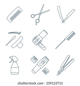 vector hairdresser barber tools equipment dark grey color outline icons set white background 