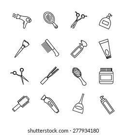 vector hairdresser barber tools equipment dark grey color outline icons set white background