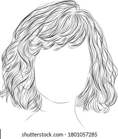 Vector hairstyle illustration. Black and white outlines. Medium length bob
