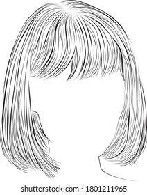 Vector hairstyle illustration. Black and white outlines. Medium length bob