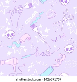 Vector hairstyle pattern. Hairstylist's accessories and tools such as hair dryer, scissors, scrunchies, tubes and others