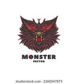 Vektorhaariger, scheußlicher Kopf eines schwarz-roten, gruseligen Monsters auf weißem, isoliertem Hintergrund. Logo, Emblem oder Aufkleber.