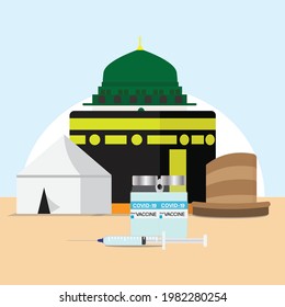 A vector of Hajj places need to visit Kaaba, Arafah tent, Nabawi mosque and Mina Jamrah with two doses of Covid-19 vaccines and injection syringe. All pilgrimage need to complete vaccines before Hajj.