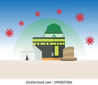 A Vector Of Hajj Places Need To Visit Kaaba, Arafah Tent, Nabawi Mosque, Jamrah, Protection Dome And Coronavirus. Pray For Protection Of All Pilgrimage Perform Hajj And Umra From Covid-19