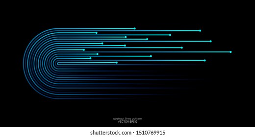 Vector half circles lines flowing dynamic pattern in blue green colors isolated on black background in concept of speed, AI technology, digital, communication.