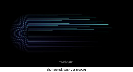 Vector half circles lines flowing dynamic pattern in blue green colors isolated on black background for concept of AI technology, digital, communication, science, music