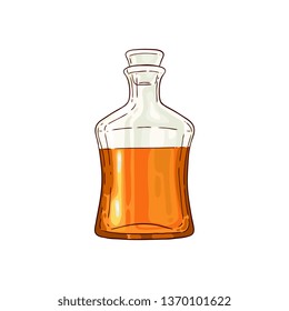 Vector half empty whiskey scotch glass bottle sketch icon. No label bottle for bourbon, rum alcohol product advertising design. Restaurant, cafe drink menu design element. Isolated illustration