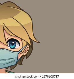 Vector half head of anime character in medical mask. Cartoon blonde kid wearing a medical mask with a space for text