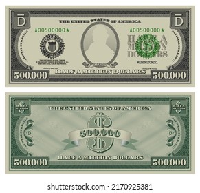 Vector half a million dollars banknote. Gray obverse and green reverse fictional US paper money in style of vintage american cash. Frame with guilloche mesh and bank seals. Harrison