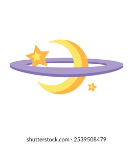 Vector media luna con un anillo y estrellas elemento en un estilo de dibujos animados. El símbolo del universo. Maravillas del cosmos, astronomía y ciencia. Clipart infantil a la hora de dormir. La ilustración es conveniente para el Web