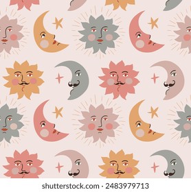 Vector half moon, stars and sun seamless pattern. Alchemy symbols bedding linen design. Cute mystical seamless print design for fabric, wallpaper and wrapping paper.