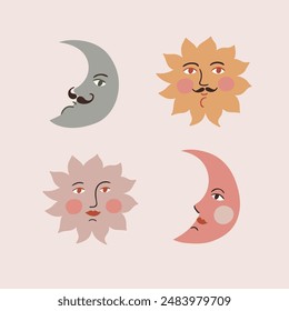 Vector half moon and sun illustration. Alchemy symbols sticker set. Cute mystical card design or print for t-shirt.