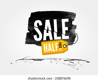 vector Half price sale watercolor banner with splashes of ink 