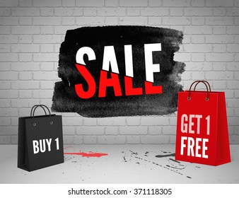 vector Half price sale watercolor banner with splashes of ink  on brick grunge background