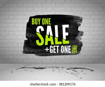 vector Half price sale watercolor banner with splashes of ink  on brick grunge background
