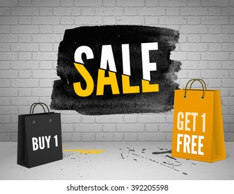 vector Half price sale watercolor banner with splashes of ink  on brick grunge background