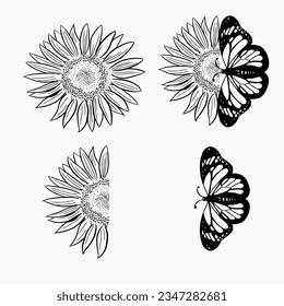 Vector Of Half Sunflower With Butterfly Line Art