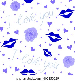 Vector half tone blending mini hearts in violet, neutral and blue colors on a white background. Repeating seamless pattern for Valentines day.