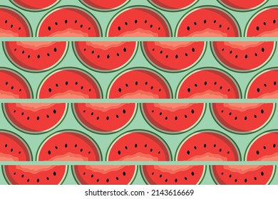 Vector half watermelon seamless pattern. Fresh summer fruit texture design. watermelon pattern design. Summer time wallpaper. Watermelon with seeds. Healthy and Juicy fruit. For Print or for Website.