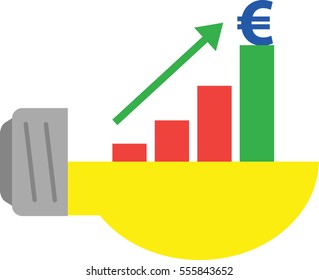 Vector half yellow light bulb with red and green business chart and euro on top and arrow moving up.