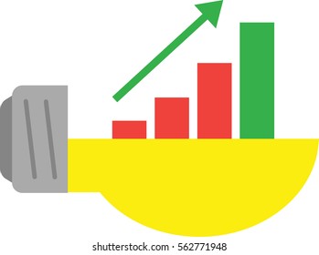 Vector half yellow light bulb with red and green bar chart and arrow pointing up.