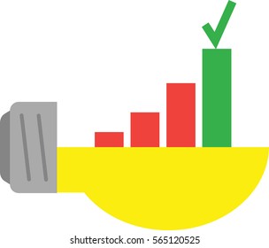 Vector half yellow light bulb with red and green bar chart and check mark on top.