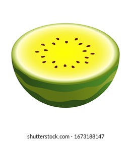 Vektorillustration halb gelbe Wassermelone. Farbverlauf-Farbverlauf-Vektorillustration in Cute einzeln auf weißem Hintergrund, Cartoon-Logo und -Symbol. Konzept des gesunden Lebensstils und der reifen Früchte