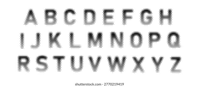 Vector halftone alphabet in a grunge style, made of black and gray dots. A set of English letters, Y2K pixel art. Pop art from the 90s-2000s. Font, typography. Isolated background.