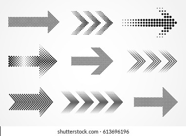 Vector halftone arrows.Dots arrow icon set.