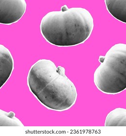 Vector halftone autumn pumpkin seamless pattern. Collage halftone pumpkin vegetables on pink background. Trendy retro halftone thanksgiving pumpkin print.