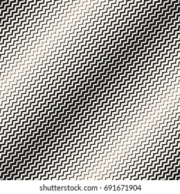Vector halftone background. Abstract geometric seamless pattern with curved zigzag lines. Diagonal wavy zig zag stripes with gradually thickness. Gradient transition effect. Stylish monochrome texture