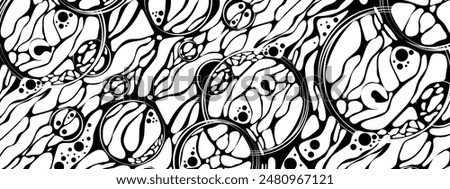 Vector halftone background. Design plex of chaotic circles, spheres, lines. Neurotrophic texture of network. Cosmic pattern. Poster presentations, business, science, computer screensaver.