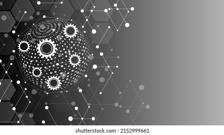 Vector halftone background icon frame. Technology design  mechanisms, gears. Texture hexagons, dots. Plexus lines, connection grid. Sphere geometric shapes. Poster business, medicine, social networks.