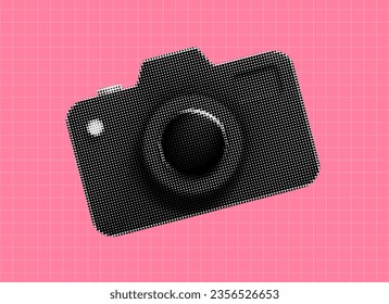 Vector Halftone Black Camera on retro pink background. Elements for collage. Trendy contemporary illustration. Magazine vintage style