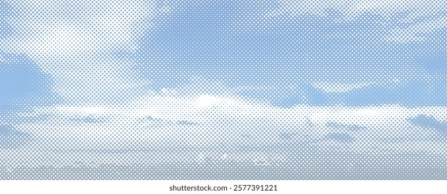 Vector halftone blue sky and soft white clouds. Dotted retro background design. Vintage nostalgic artistic backdrop.