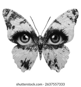 Vector halftone butterfly with human eyes in pixel dot art style, retro surreal design perfect for vintage illustrations, artistic collages, tattoo concepts, and conceptual graphic projects