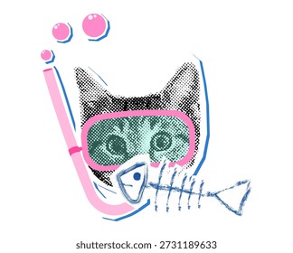 Cara de gato de semitono de Vector con snorkel rosa y hueso de pescado, collage divertido de un gatito de buceo