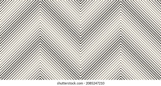 Vektor-Halftone-Chevron Streifen nahtlos Muster. Geometrische monochrome Textur mit Farbverlauf-Übergangseffekt, kleine Diamanten, Hombusse in Zickzackform. Abstrakter schwarz-weißer grafischer Hintergrund