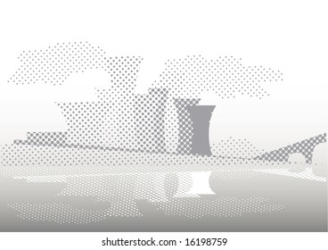 vector - ciudad de medio tono con reflexión en el agua