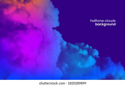 Vector halftone clouds background. Colorful gradient sky effect on dark background. Stock vector illustration.