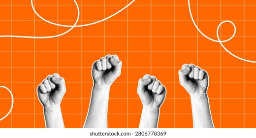 Vector halftone collage banner with four raised protest fist on orange grid background. Contemporary halftone collage pop cutout activism sticker design symbolizing power and solidarity.
