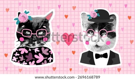 Vector halftone collage cat couple on pink background with hearts, funny Valentine's Day or wedding design or greeting card