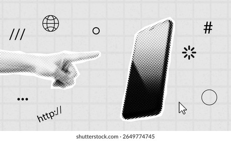 Vector halftone collage met de hand wijzend op smartphone en internet symbolen