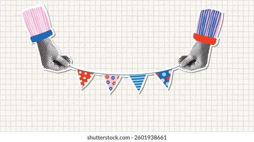 Vector halftone collage hands holding a cute bunting in red, blue and pink with flowers, stripes and dots for birthday party designs and backgrounds