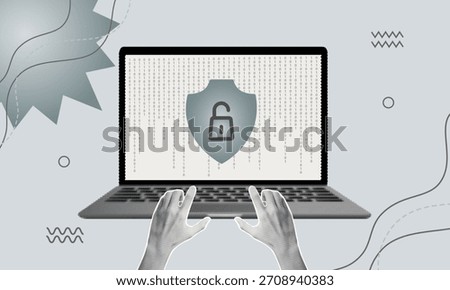 Vector halftone collage of hands on laptop keyboard with cyber security shield icon, symbolizing data protection, cyber insurance, remote work safety and digital privacy against online threats