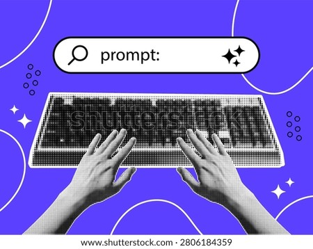 Vector halftone collage keyboard banner with typing hand, search bar prompt on purple background. Contemporary halftone collage pop cutout ai prompt concept sticker design with creative spark icons.