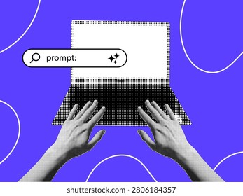 Vector halftone collage laptop banner with typing hand and search bar prompt on purple background. Contemporary halftone collage pop cutout ai prompt concept sticker design.